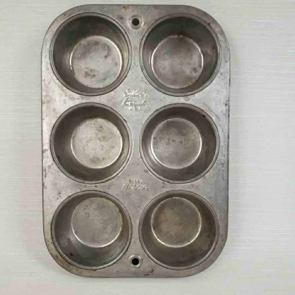 Ekcology T60.6 Silver Beauty Muffin Tin 6 Cups VTG USA Bakeware Primitive MCM